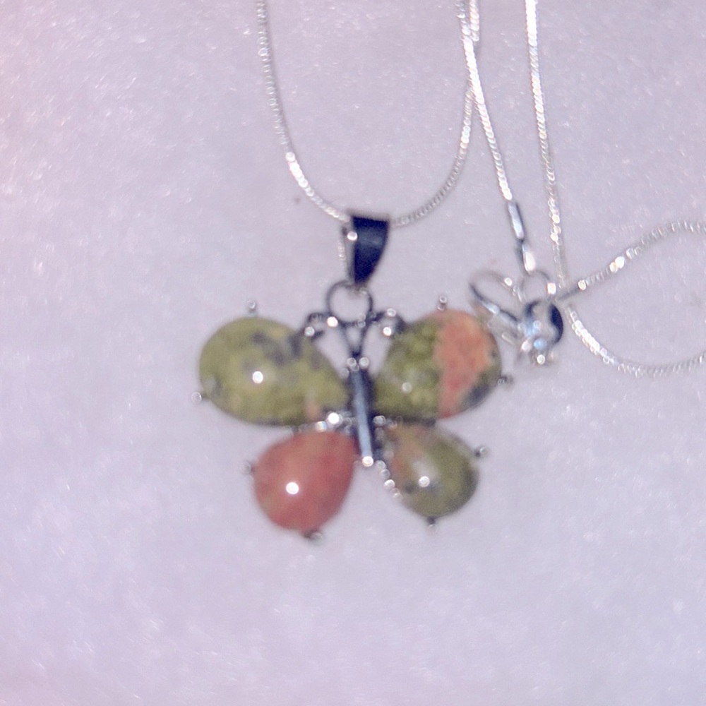 Boho hippie Unakite Butterfly Sterling Silver 16” Necklace - Picture 4 of 6